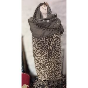 Coco + Carmen Animal Print Plaid Wrap Scarf Boho Shawl Pom Pom Fringe